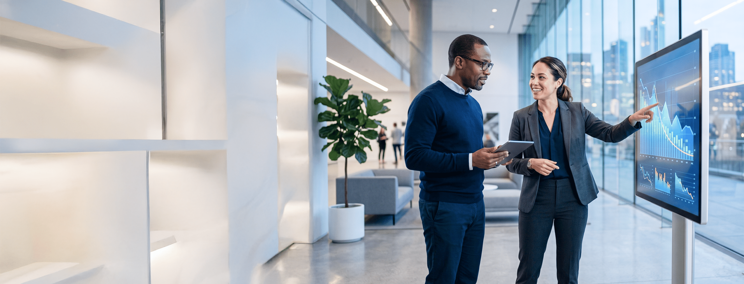 Two people reviewing financial charts.
