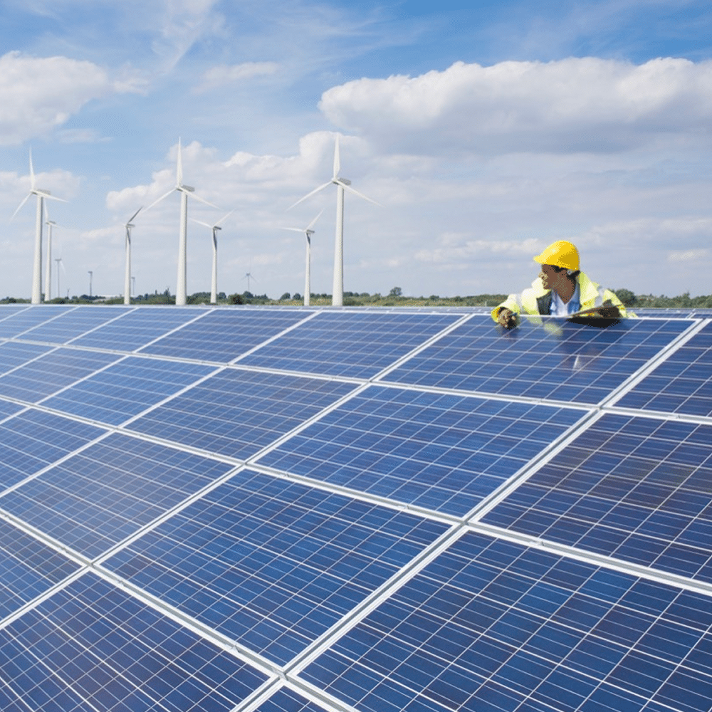 Worker inspecting solar panels