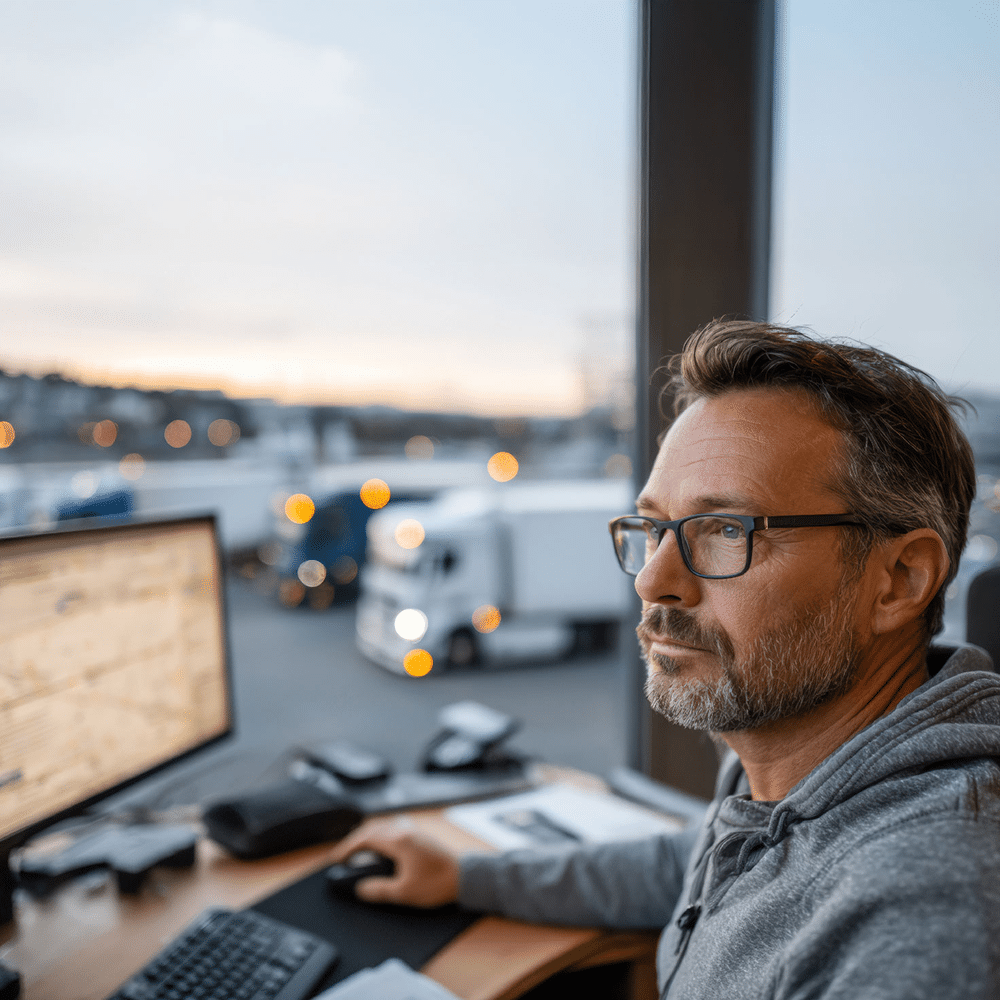 Person monitoring truck traffic on a computer